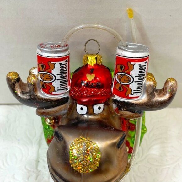 Jingle Beer Moose Head in Wreath Glitter Beer Funnel Glass Christmas Ornament 4" - Picture 2 of 11
